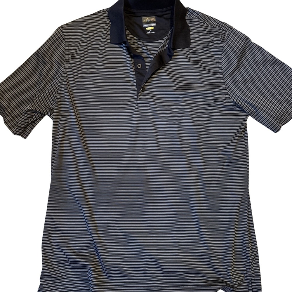 Greg‎ Norman Play Dry Mens Large Black Grey Striped Short Sleeve Golf Polo Shirt
